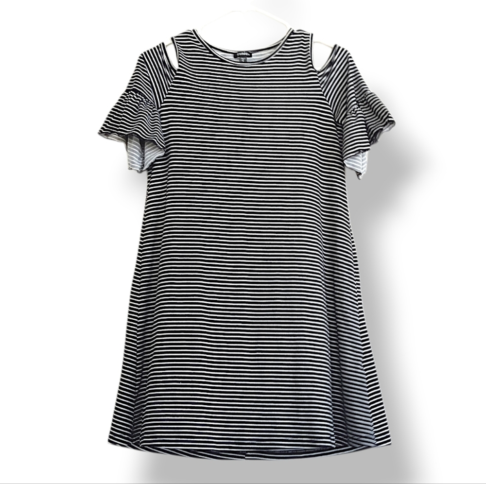 Zunie Striped Extra Long Blouse Cut Out Flutter Ruffle Skater Mini Dress Black